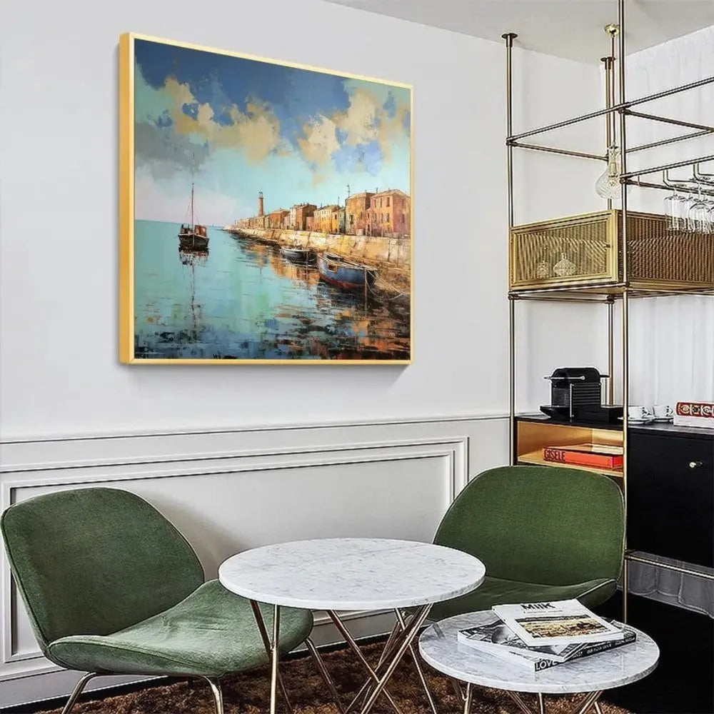 Hand painted abstract pier and boat landscape oil painting on square canvas