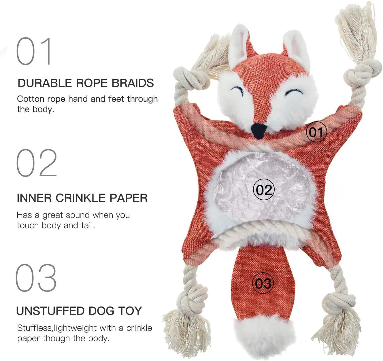 Brown plush fox dog toy with embroidered eyes, rope in limbs, for puppies and small dogs