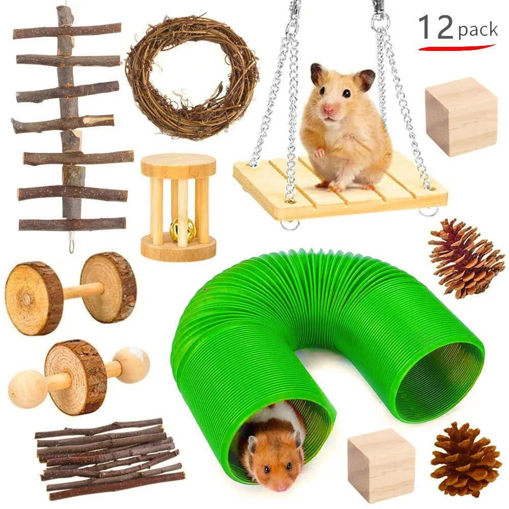 Natural wooden chewing toy set for small animals including straw mats, woven balls and plant-based components