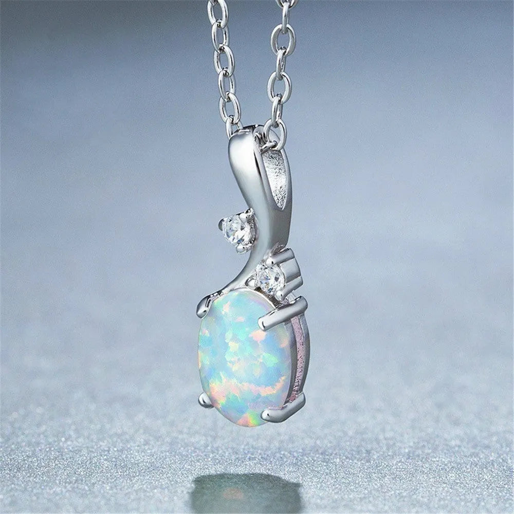 Water drop opal pendant necklace with adjustable chain in white or rose gold finish