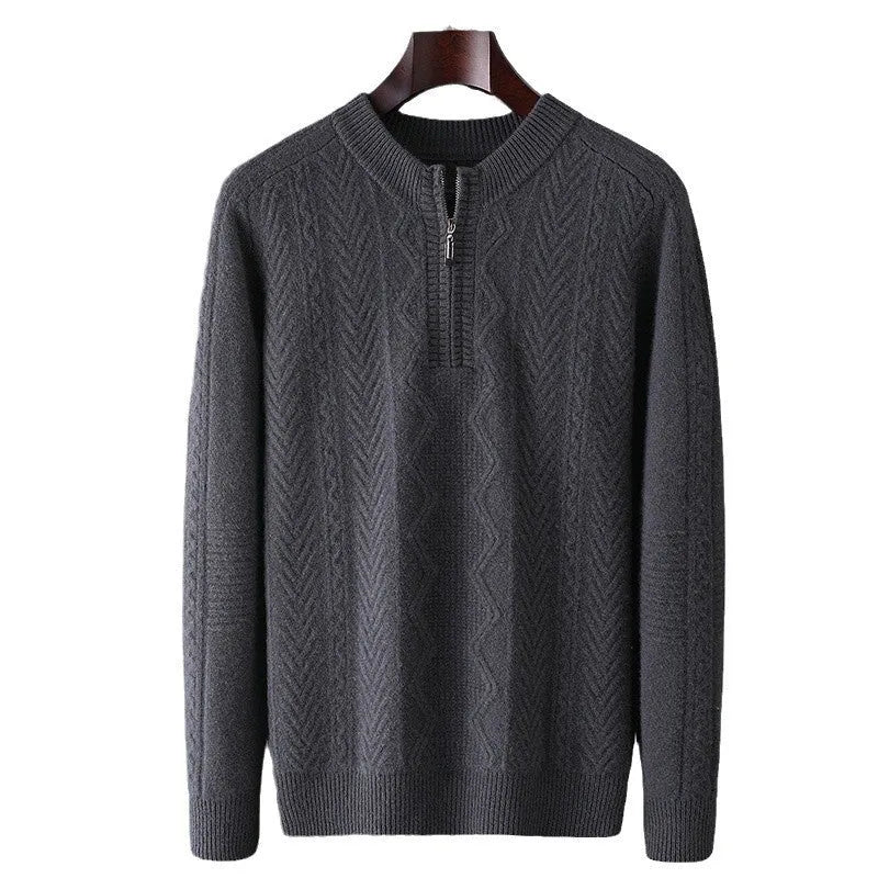 Men's pure wool diamond lattice pattern half-zip sweater in light camel colour