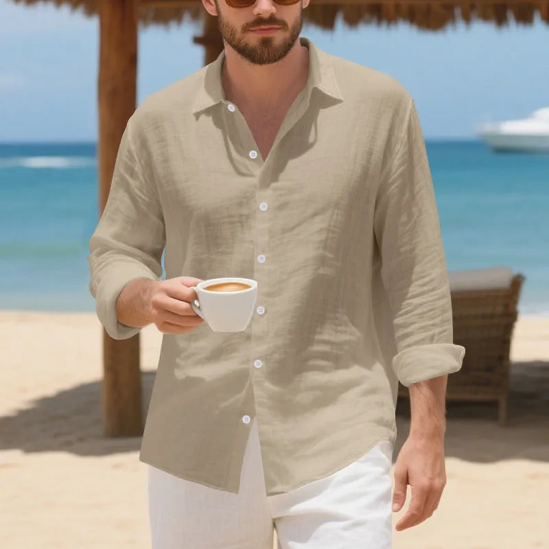 American-style loose-fit linen casual shirt in Army Green, laid flat to show button front and relaxed silhouette.