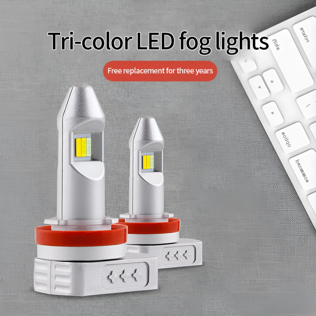 A single LED fog lamp replacement bulb with an aluminium housing, shown alongside compatible fitment codes H8, H9, H11, 9005, 9006.