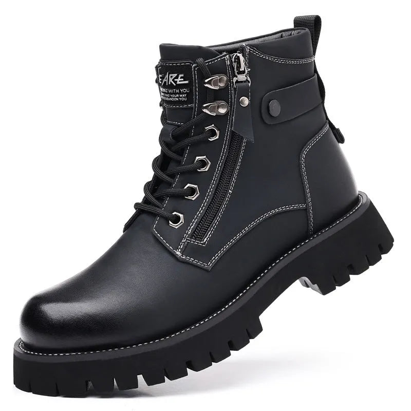Men's brown high-top leather Martin boots with side zip and a mid-height heel.