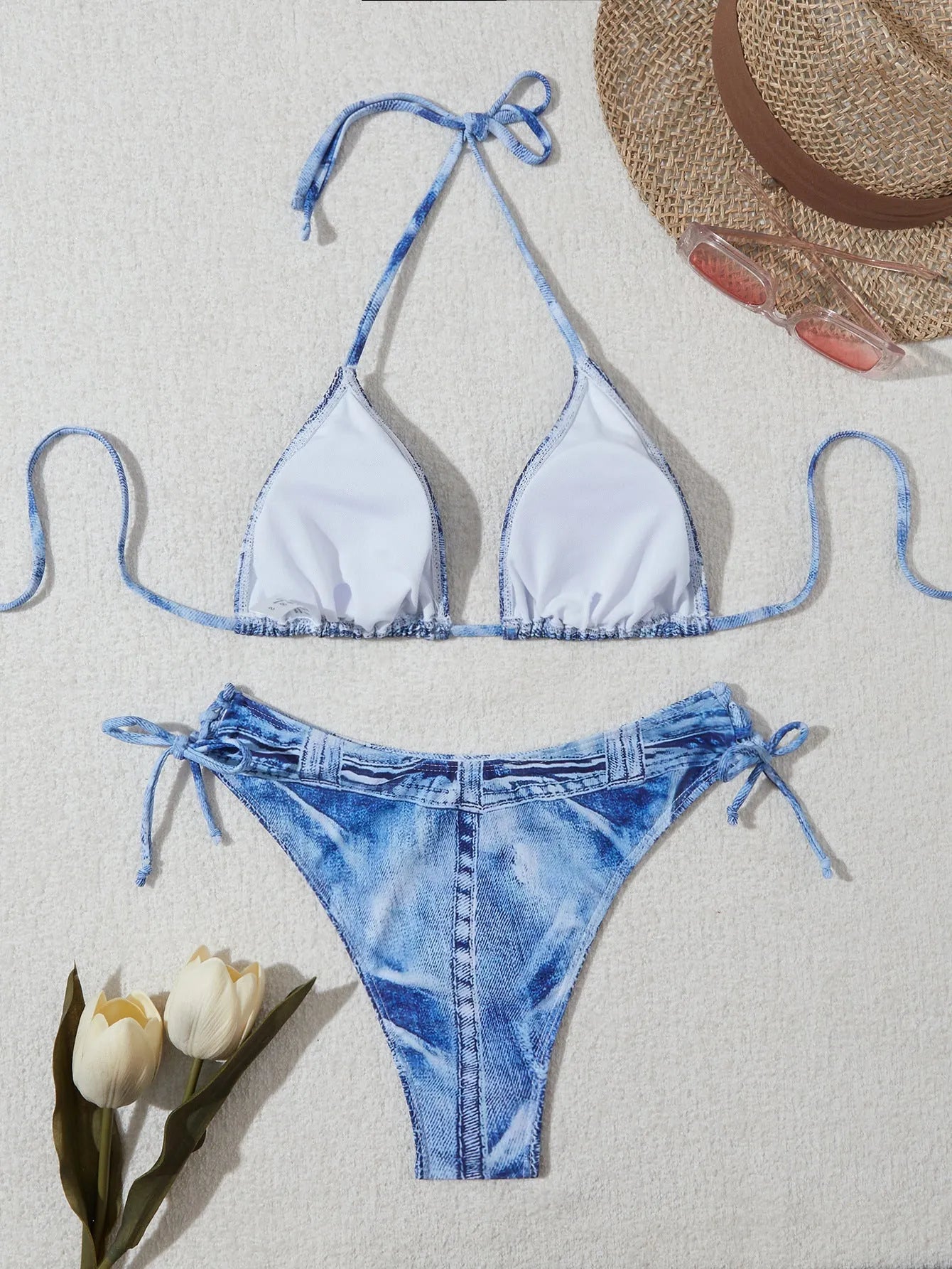 Women's denim blue printed bikini swimsuit with sexy strap design