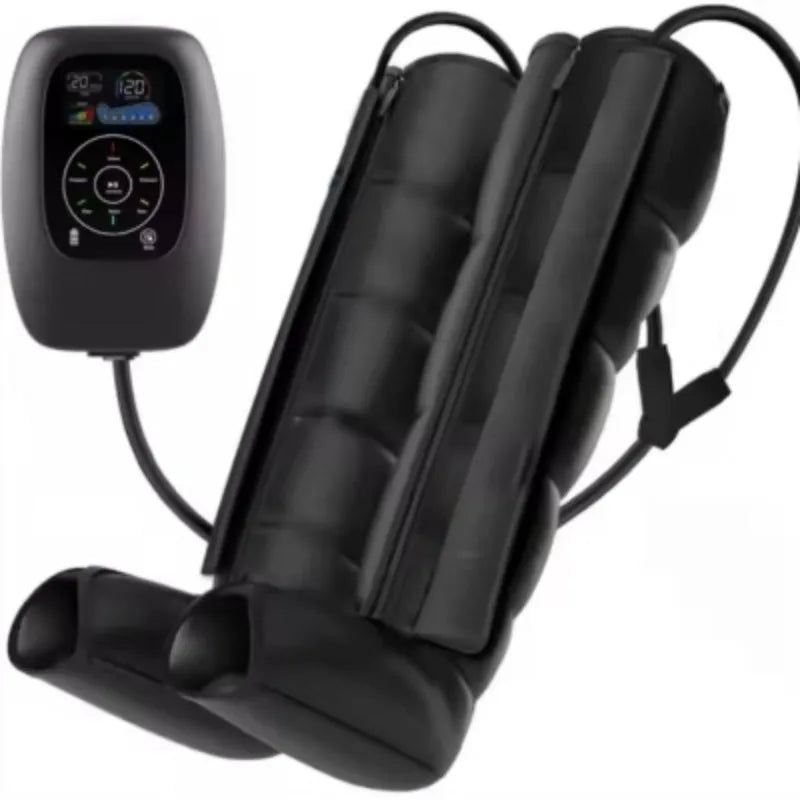 Air wave pressure massager set with remote control, leg sleeves, arm sleeve, and waist belt on a table.