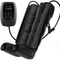 Air wave pressure massager set with remote control, leg sleeves, arm sleeve, and waist belt on a table.