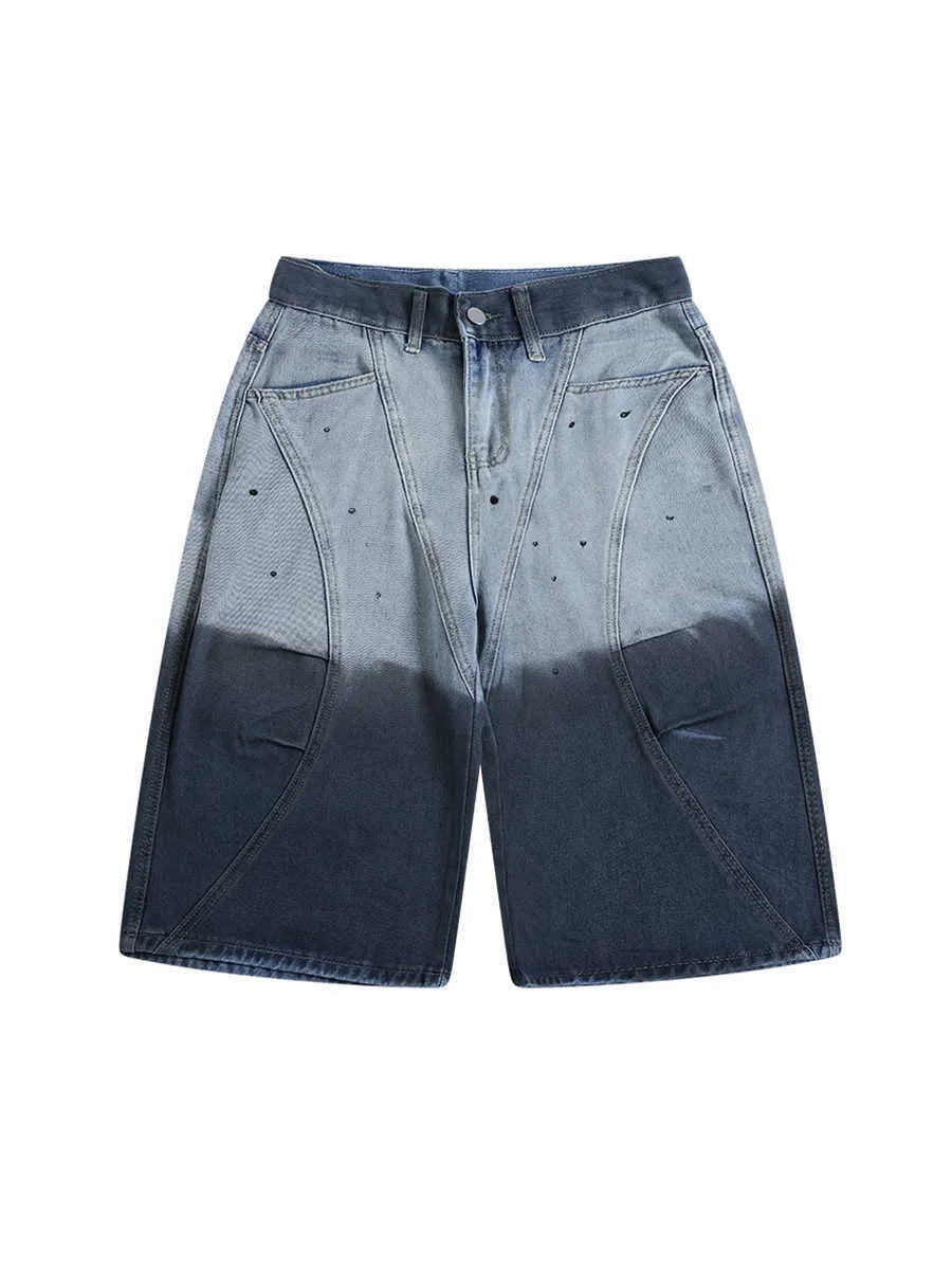 Blue tie-dye gradient cropped jeans with washed-out finish, loose fitting casual pants