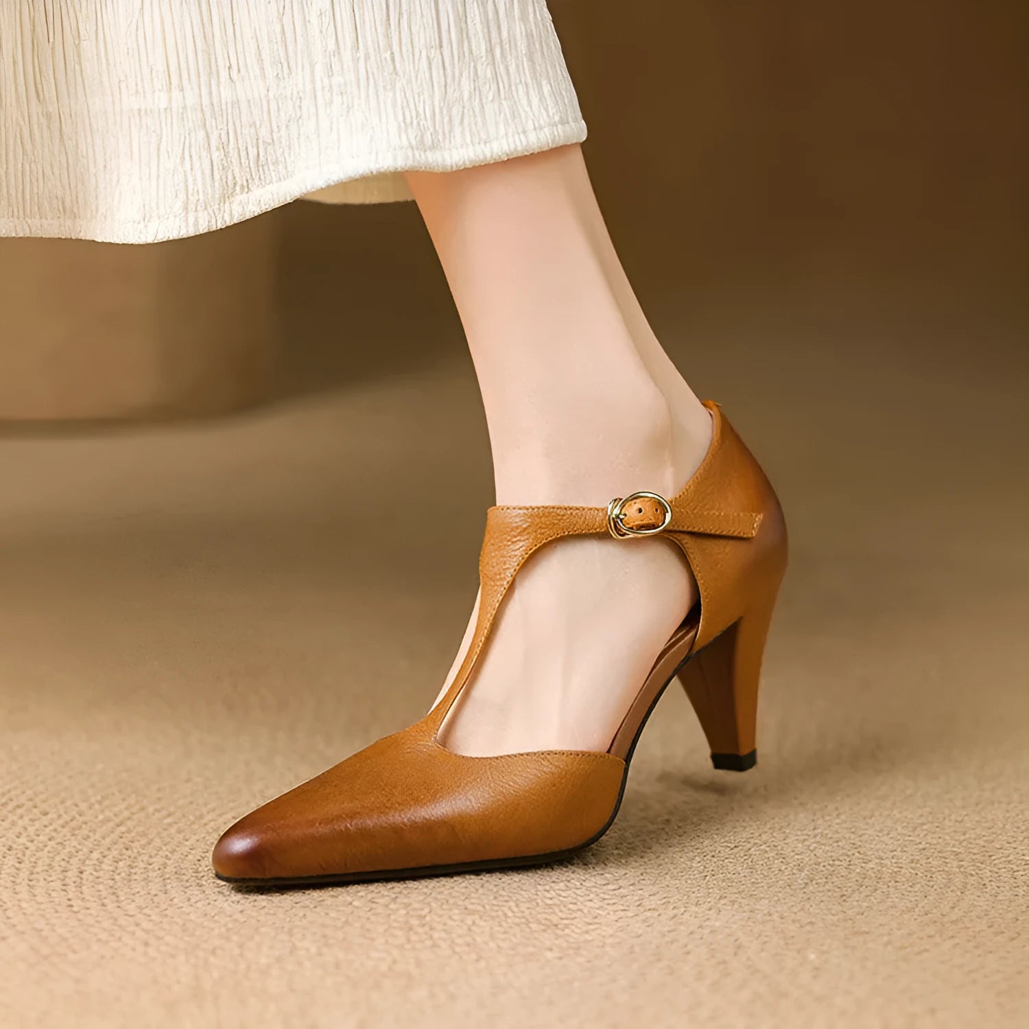 Brown women's leather T-strap sandals with closed toe and block heel