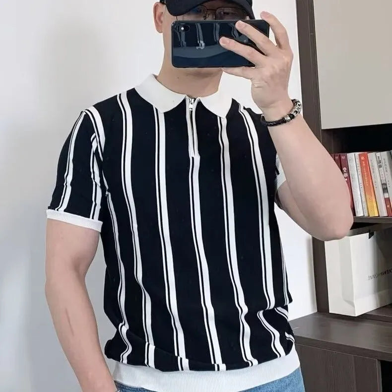 Men's black Korean style vintage stripe T-shirt with zipper half sleeves and cartoon pattern