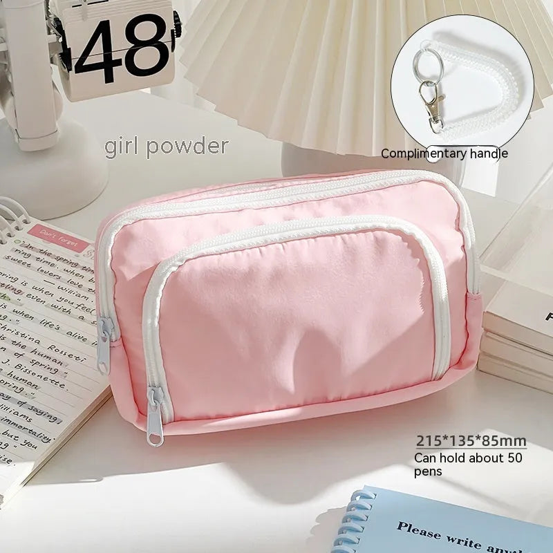 Double layer pencil case in solid colour with gift handle for high-capacity stationery storage