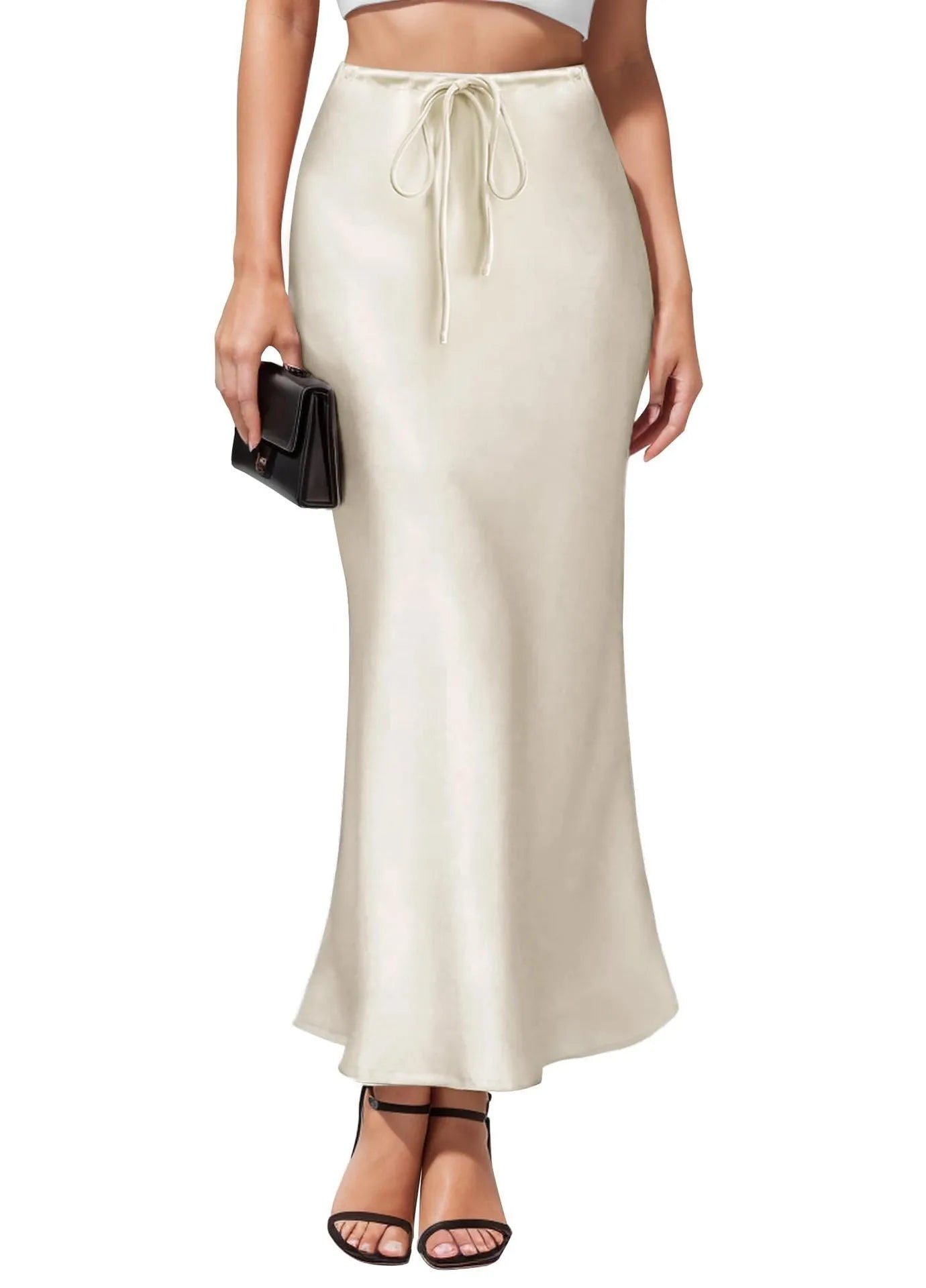 Asymmetric high-waist acetate satin skirt with irregular stitching in solid colour