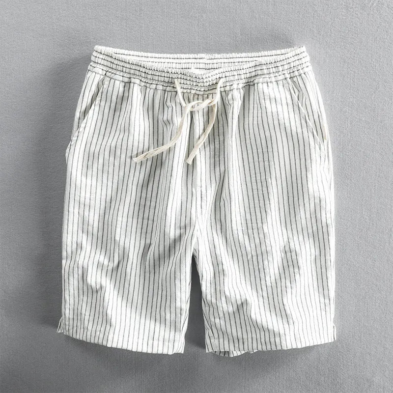 Men's striped cotton casual loose shorts on a hanger showing mid waist and shorts length.