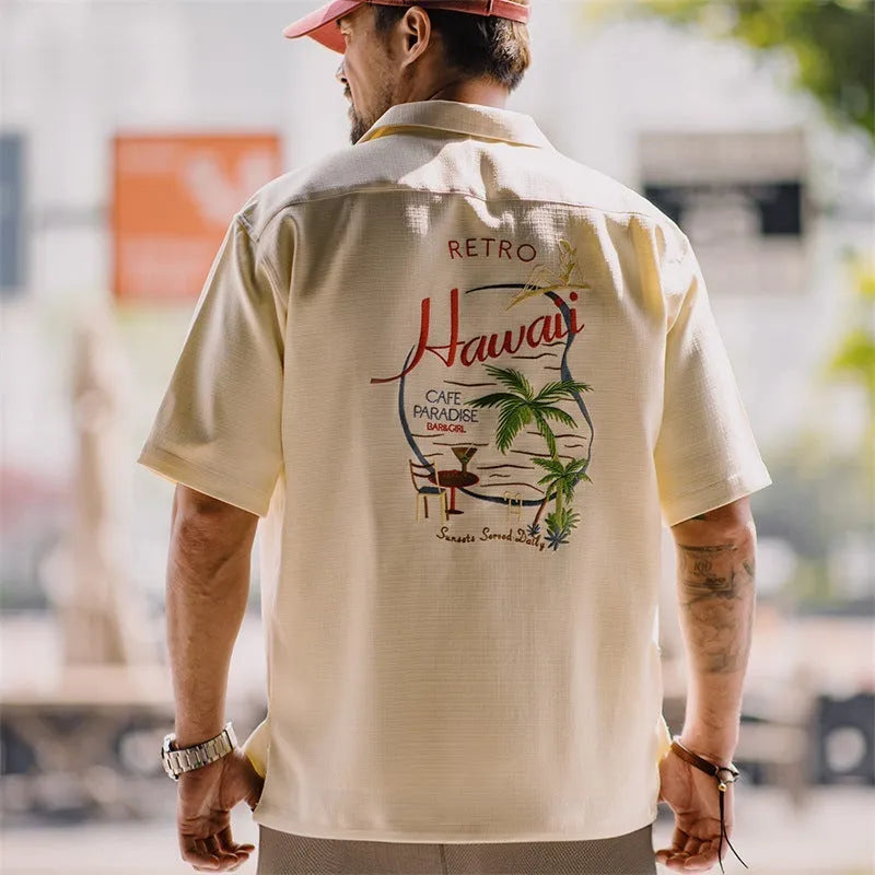 Light apricot men's Cuban collar shirt with bamboo plant and floral pattern