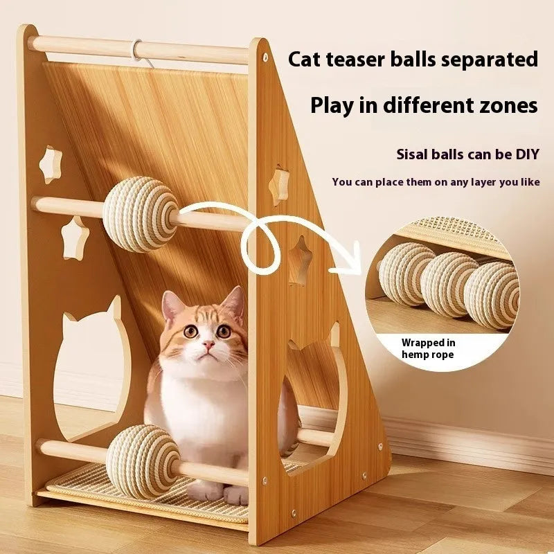 Vertical wall-mounted cat scratch board with sisal surface and hemp rope ball design