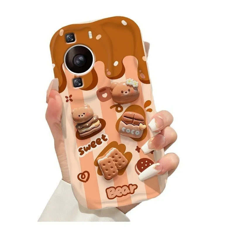 White silicone phone case with chocolate bear doll lanyard for iPhone, cream pattern, anti-fall protection