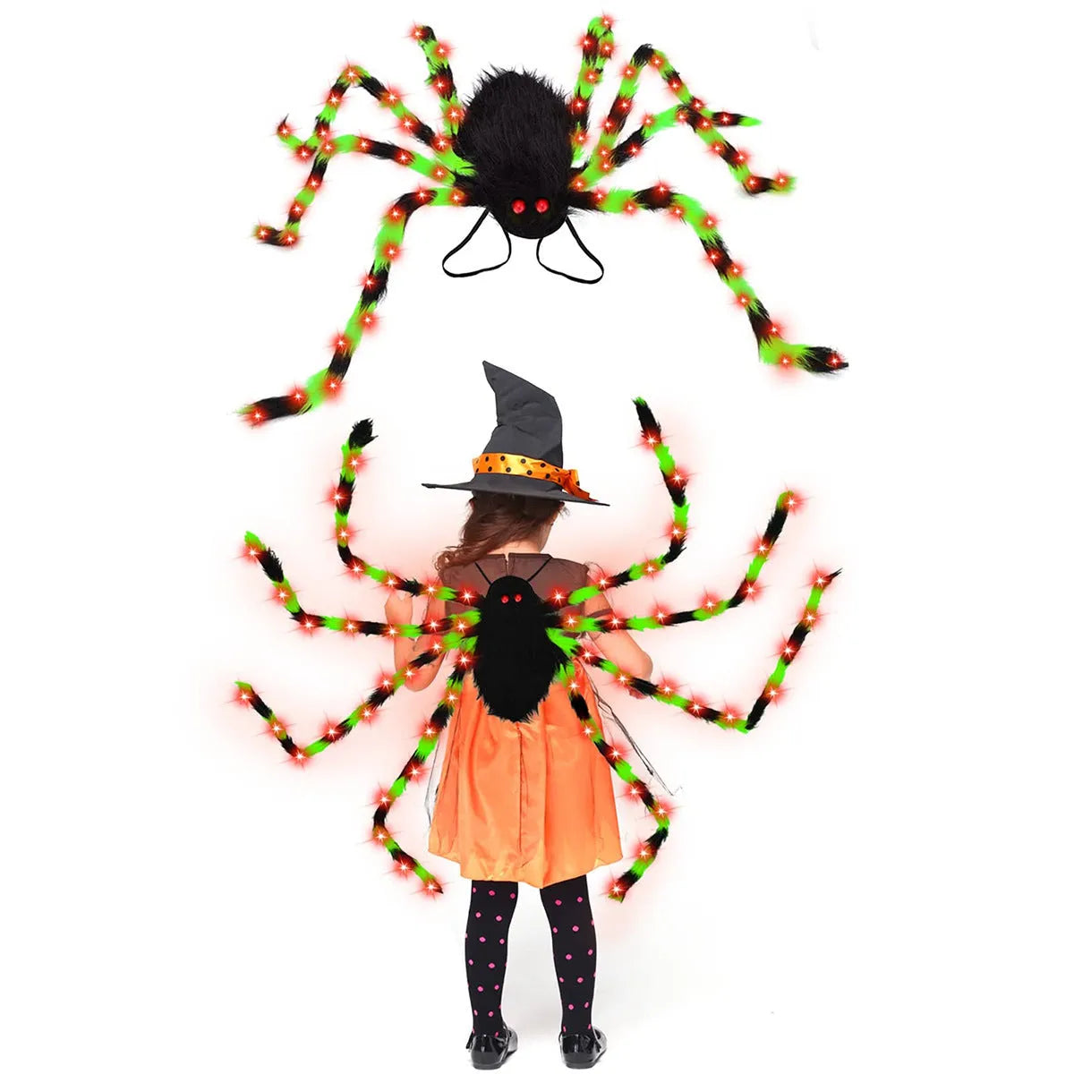 Halloween spider backpack with LED lights in plush sugar bag design showing orange colour option