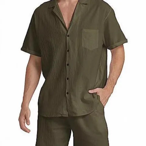 Men's flax short-sleeved top and shorts set for summer sports in army green.