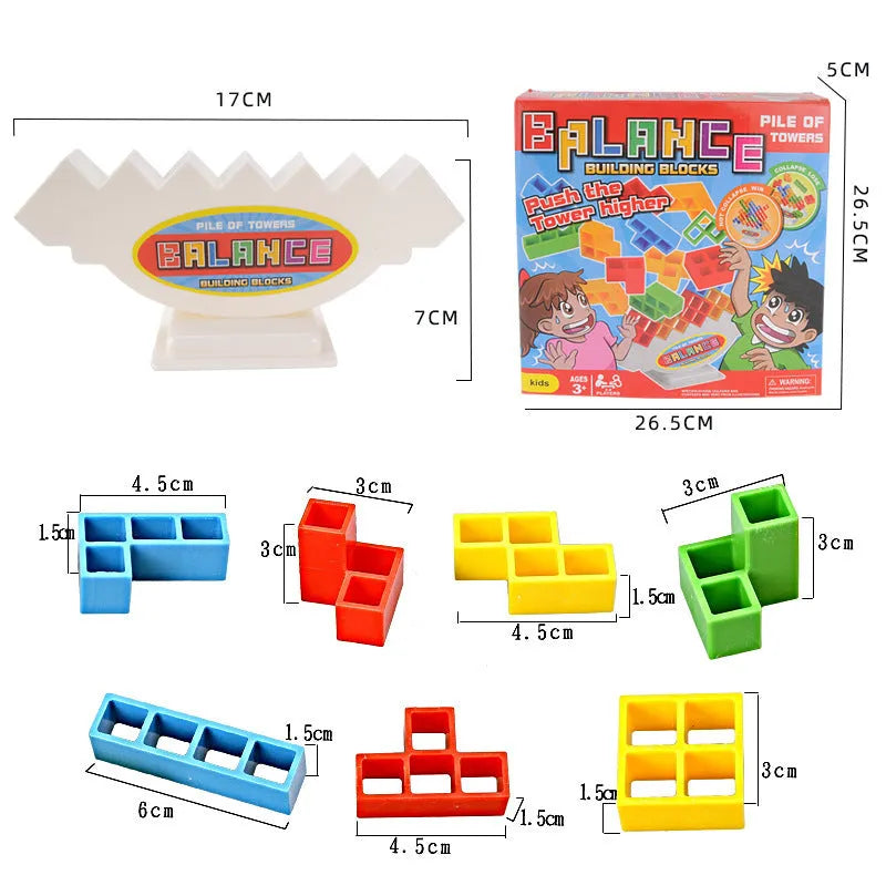 Plastic balance stacking game with 16 coloured blocks, chassis and base on table