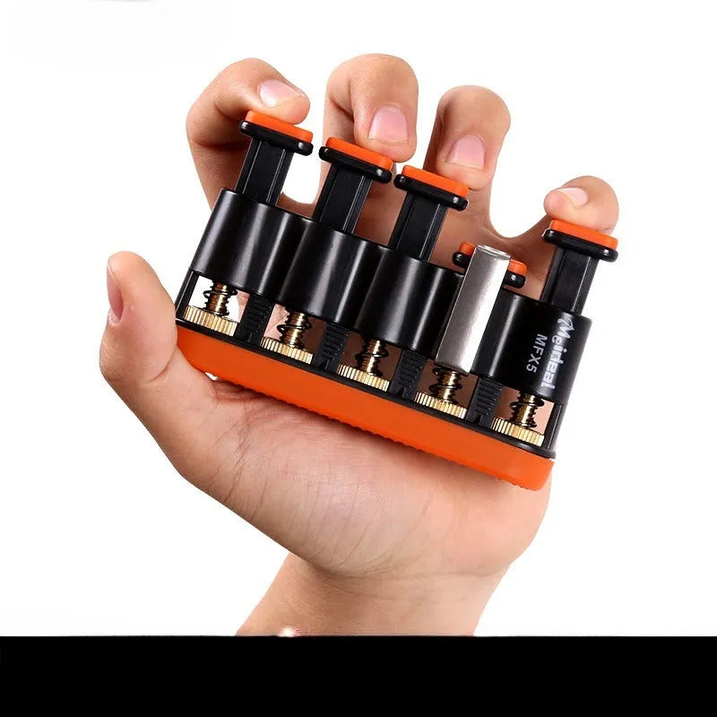 Grey and orange silicone finger trainer for musician hand strength development