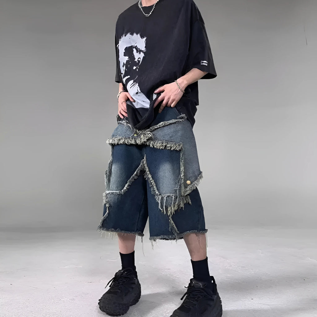 Blue men's denim shorts with frayed hem and five-pointed star decoration in loose retro style