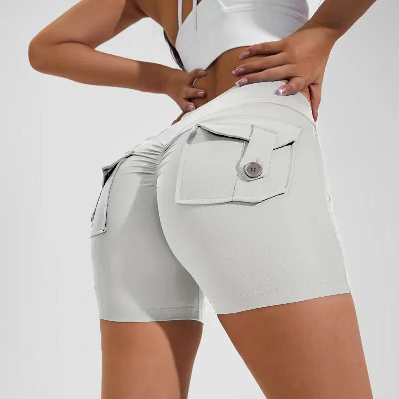 Women's high waist quick-dry nylon sports shorts with pockets in avocado green colour