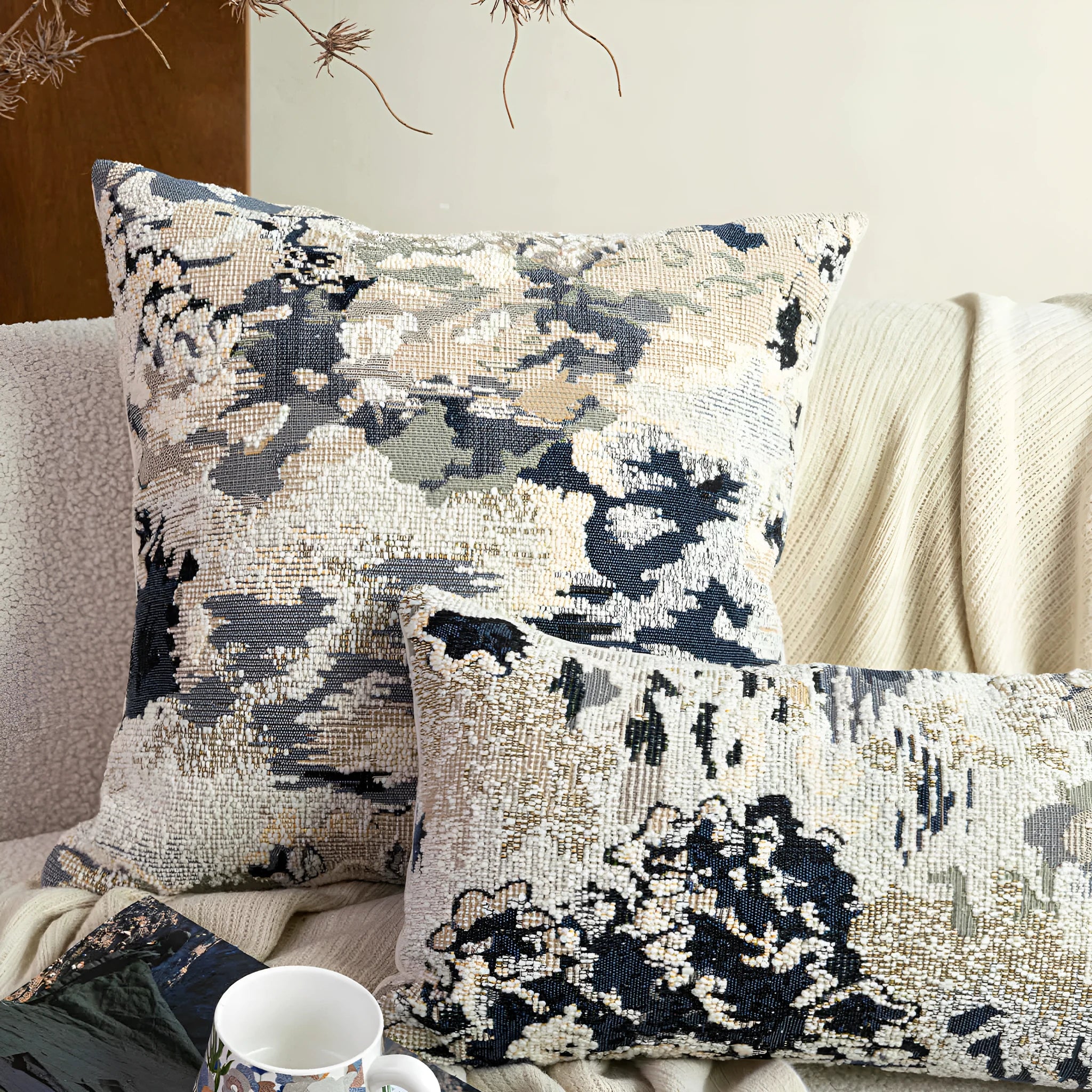 French style antique blue wool blend floral pattern cushion cover in 30×50cm or 50×50cm sizes