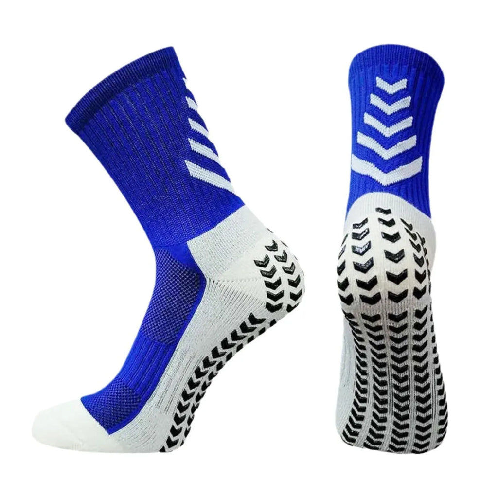 Men's mid-calf athletic socks with geometric patterns and non-slip silicone grips