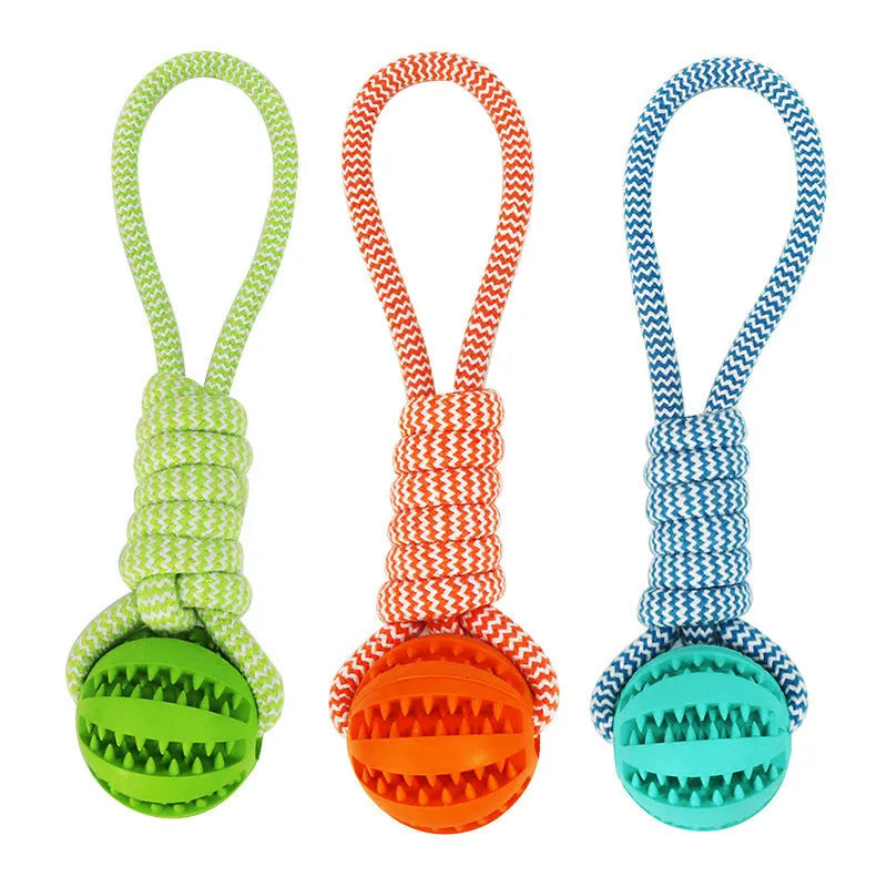Blue TPR rubber rope ball dog toy for small dogs, measuring 36x6x6 cm, with cotton rope for tug-of-war