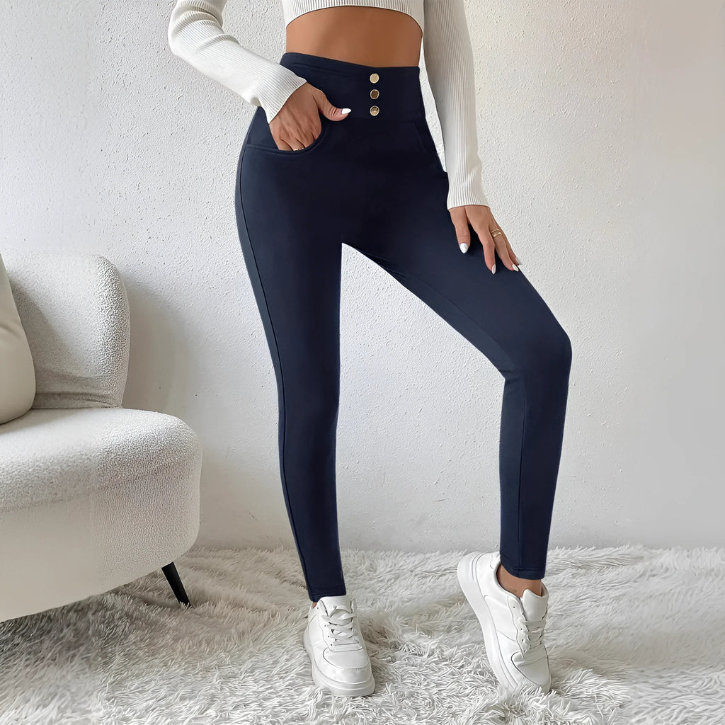 Navy blue women's straight-leg trousers with high waist and micro-elastic fabric in Japanese-Korean casual style
