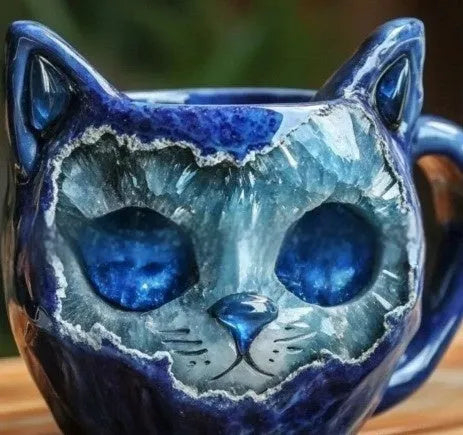 Purple resin geode mug with crystal cat design measuring 11cm high
