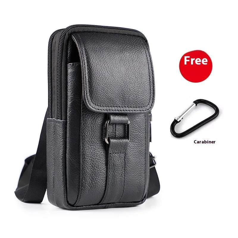 Men's genuine leather crossbody waist bag with lock detail and vertical square design in dark brown