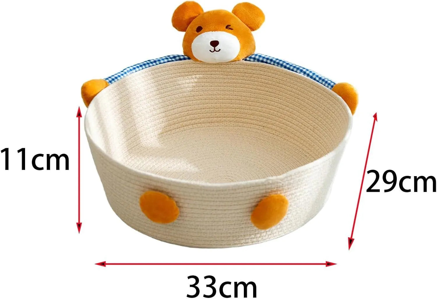 Woven cotton rope cat bed and scratching pad in bear design, showing basket shape.