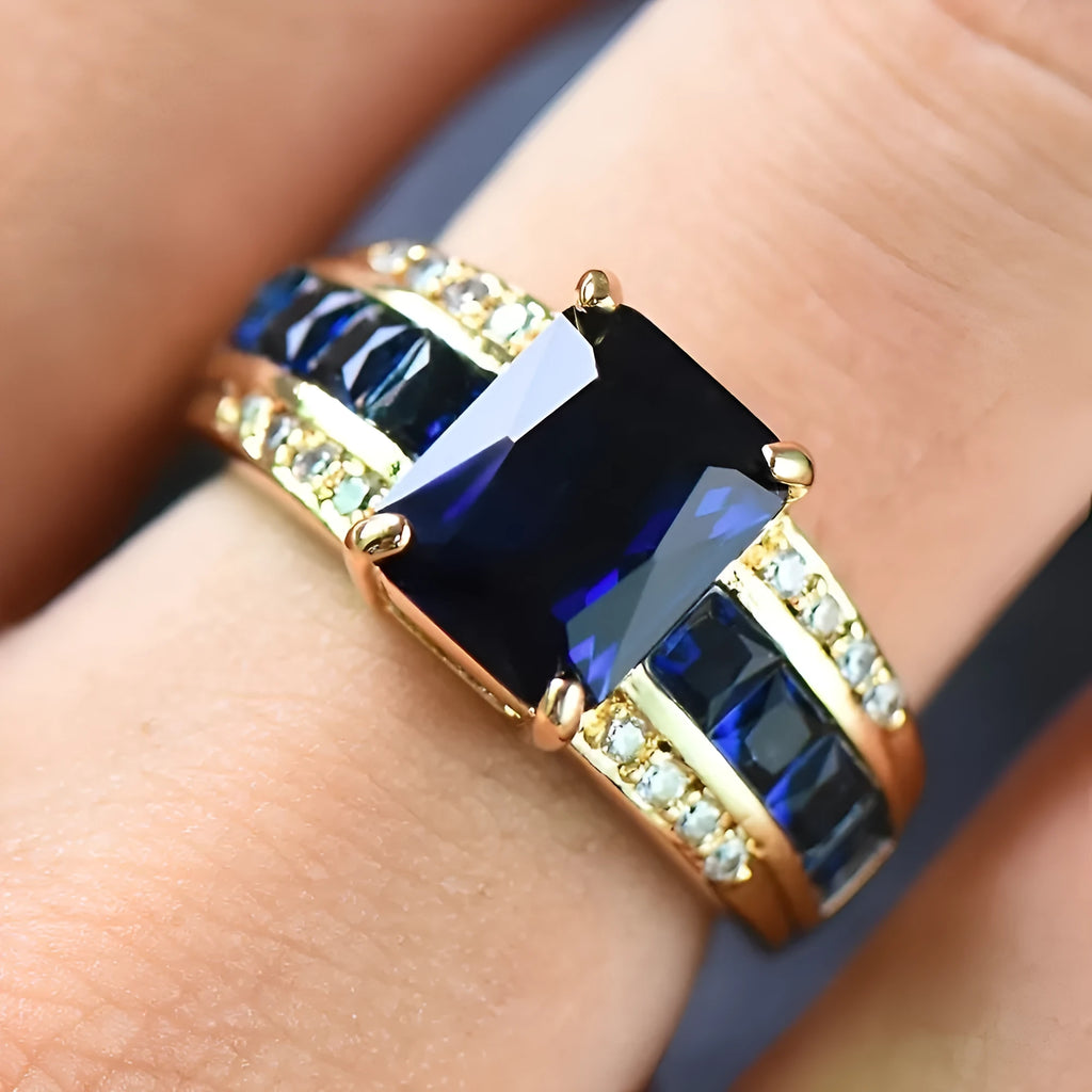 Zinc alloy personalised ring with sunflower blue diamond, square blue zircon, or square purple zircon stone options