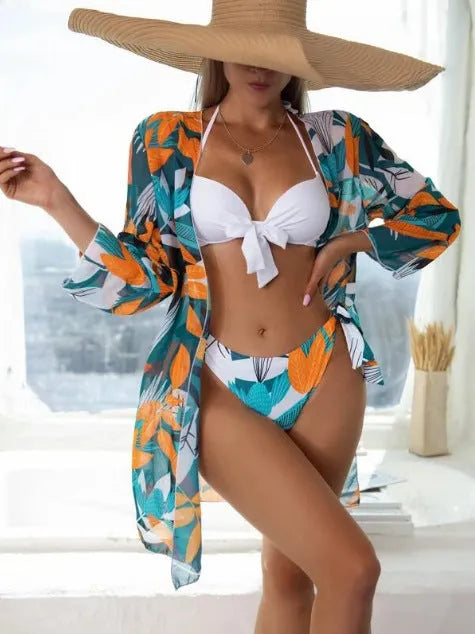 Women's three-piece bikini swimsuit with mesh split design in quick-dry polyester fabric