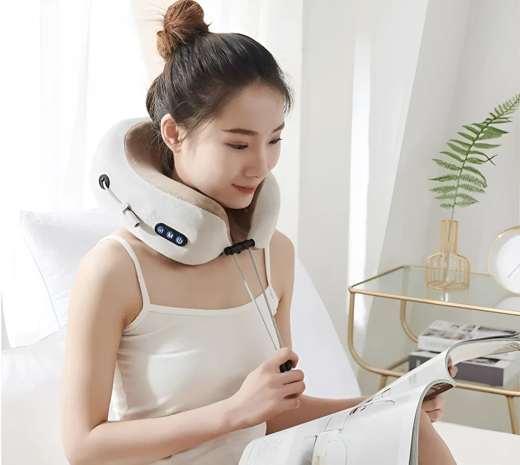 Brown U-shaped electric neck massage pillow with USB charging cable