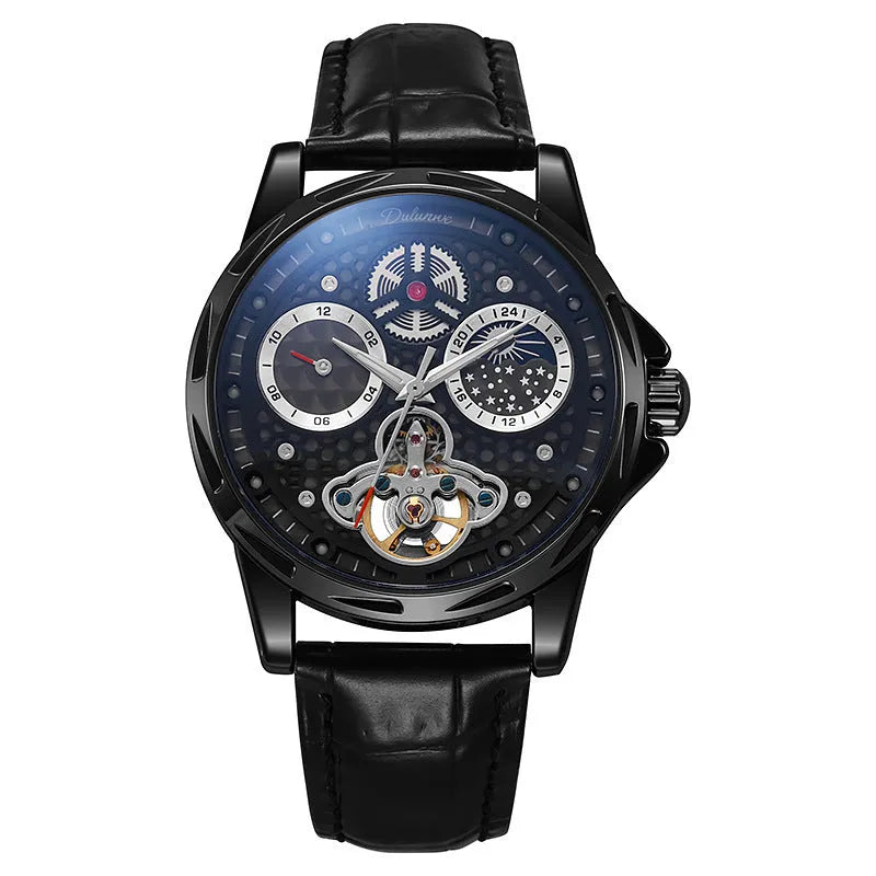 Men's waterproof automatic watch with luminous hands on steel bracelet, black dial, 13mm thick