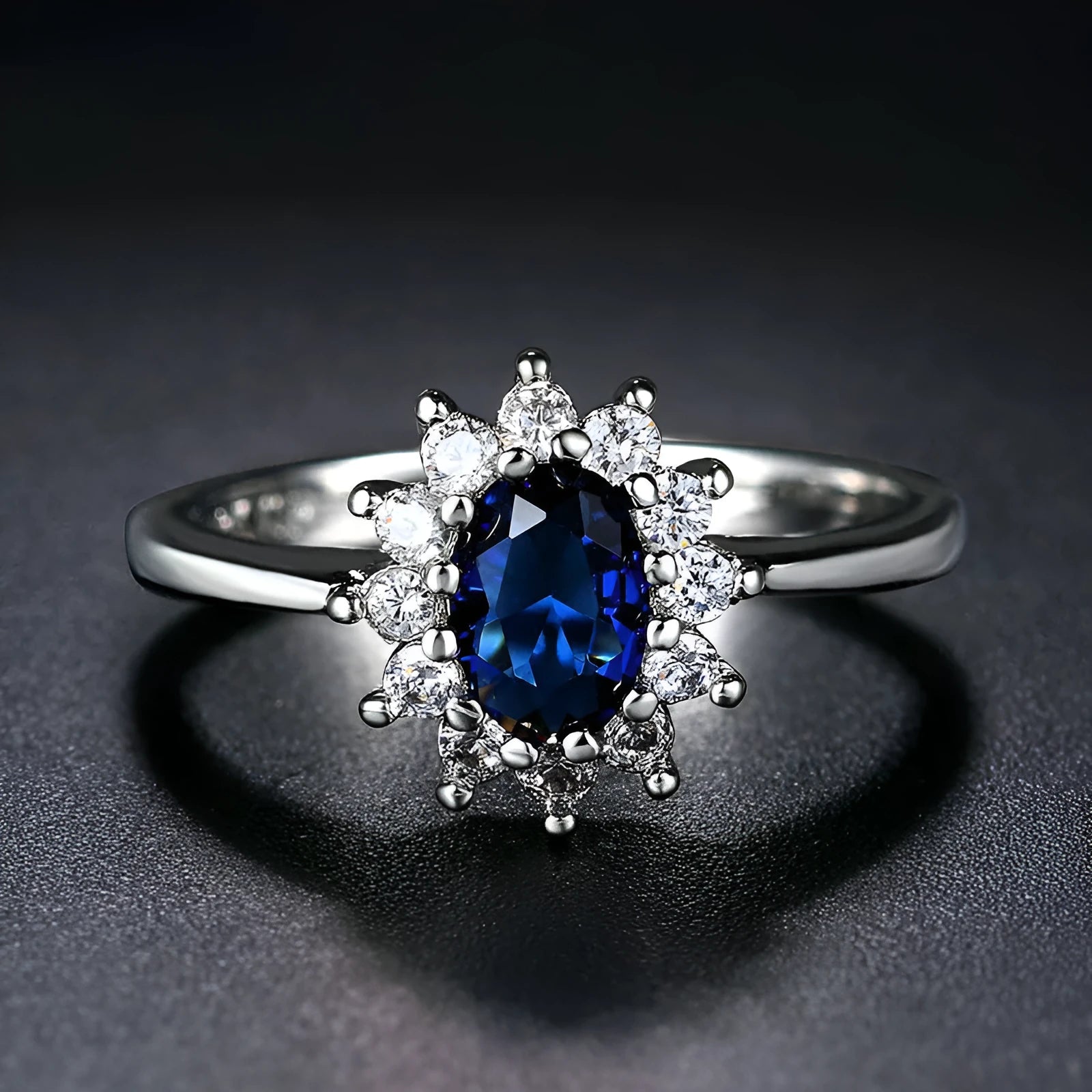 Copper women's floral ring with cubic zirconia stone in electroplated green, blue or red finish