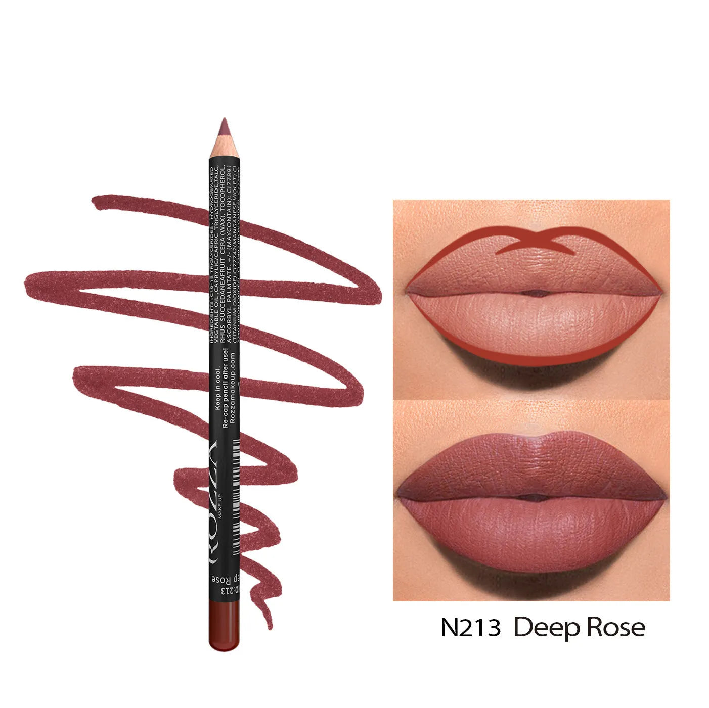 Matte lip liner pencil in a wooden tone shade from a set of 14 colours, shown on a hand.
