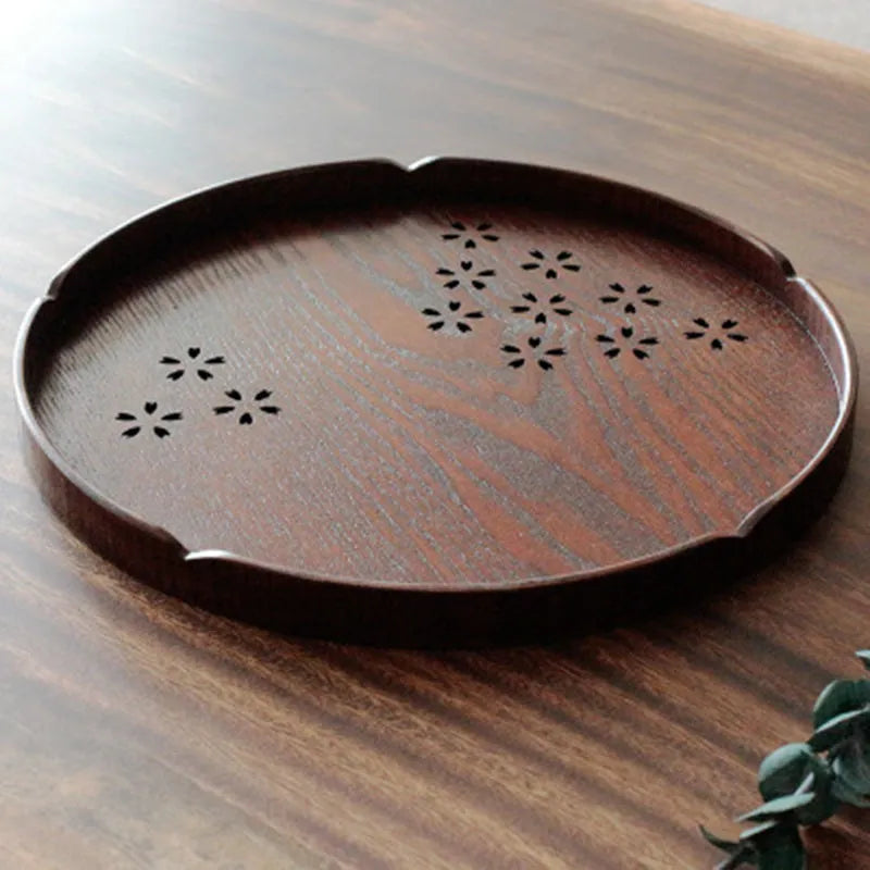 30cm wooden shallow plate with hollow cherry blossom Sakura design for serving desserts.