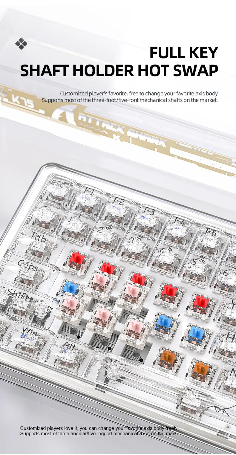 Attack Shark K75RGB wireless mechanical keyboard with transparent case showing internal components