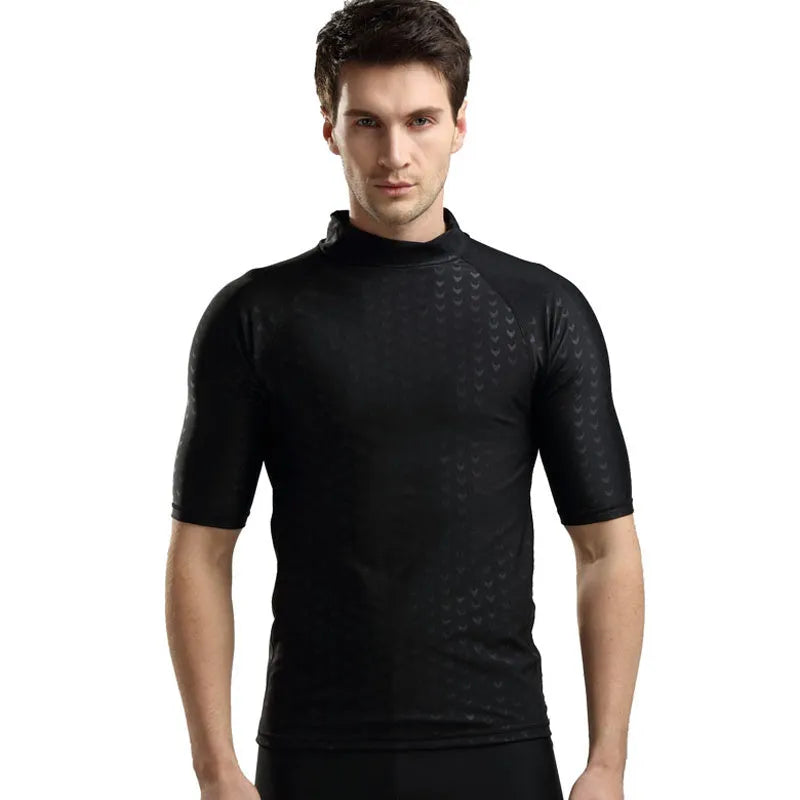Men's black leopard print quick-drying split swimsuit top for snorkelling and swimming