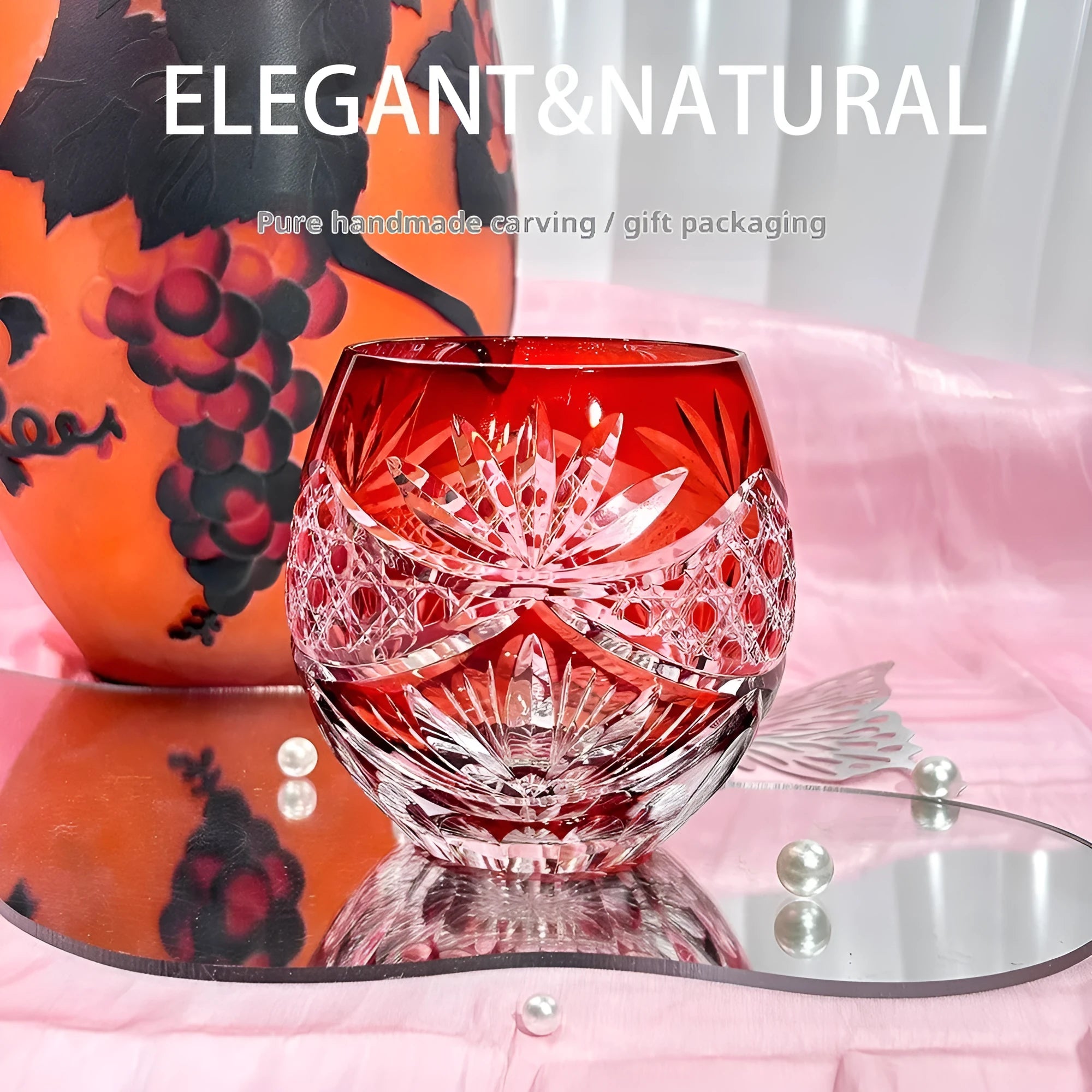 Crystal glass cup with carved pattern, cylindrical shape, 96x65mm, in red and violet colours