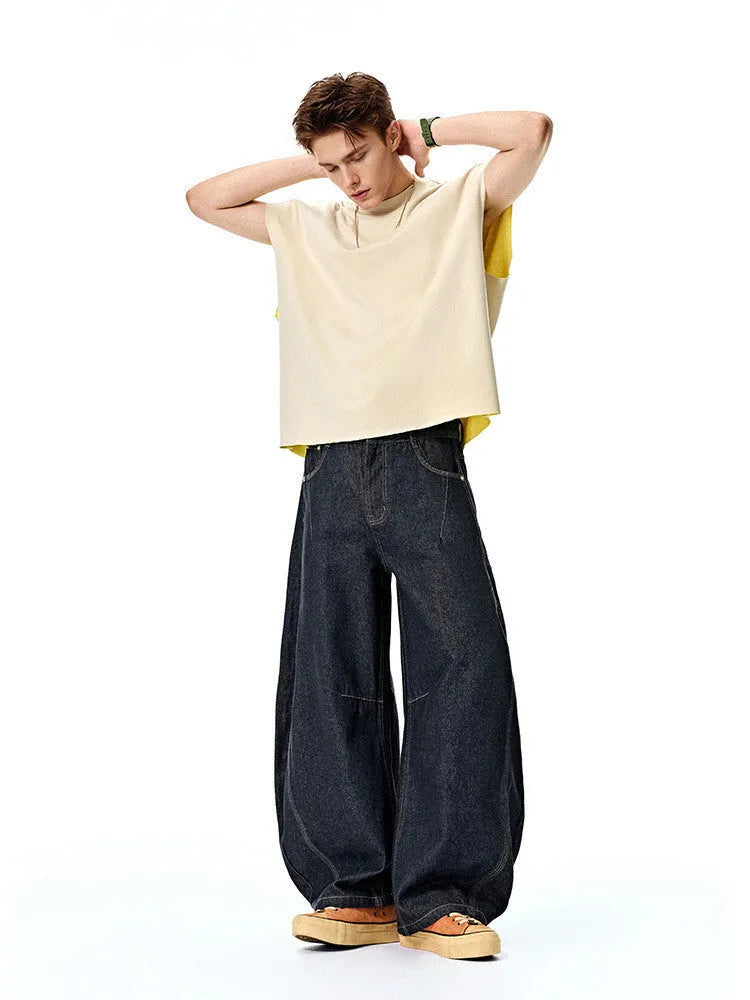 Men's wide leg denim trousers in original cow colour with mid-rise waist and loose casual fit