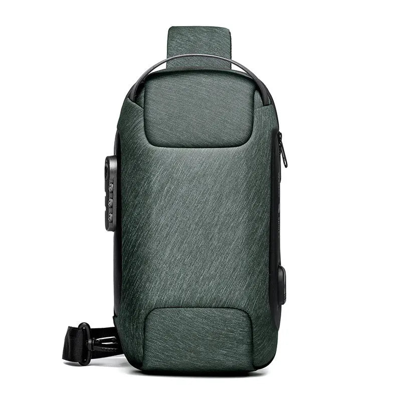 Waterproof Oxford crossbody messenger bag in army green with multiple internal pockets and anti-theft features