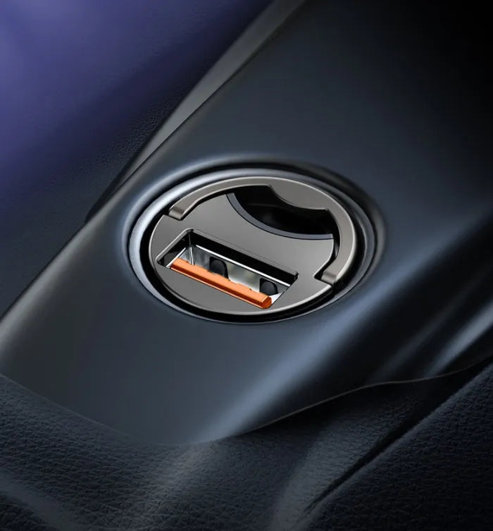 Baseus Huixiaoxing electro-optical grey 30W mini car charger with single USB port and cable.