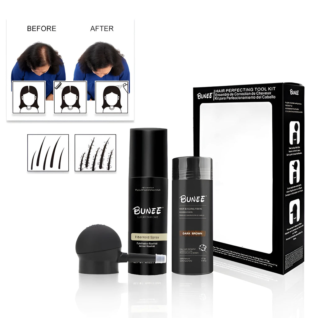Box set of 275g hair fibre powder, styling spray, and applicator nozzle for thinning hair