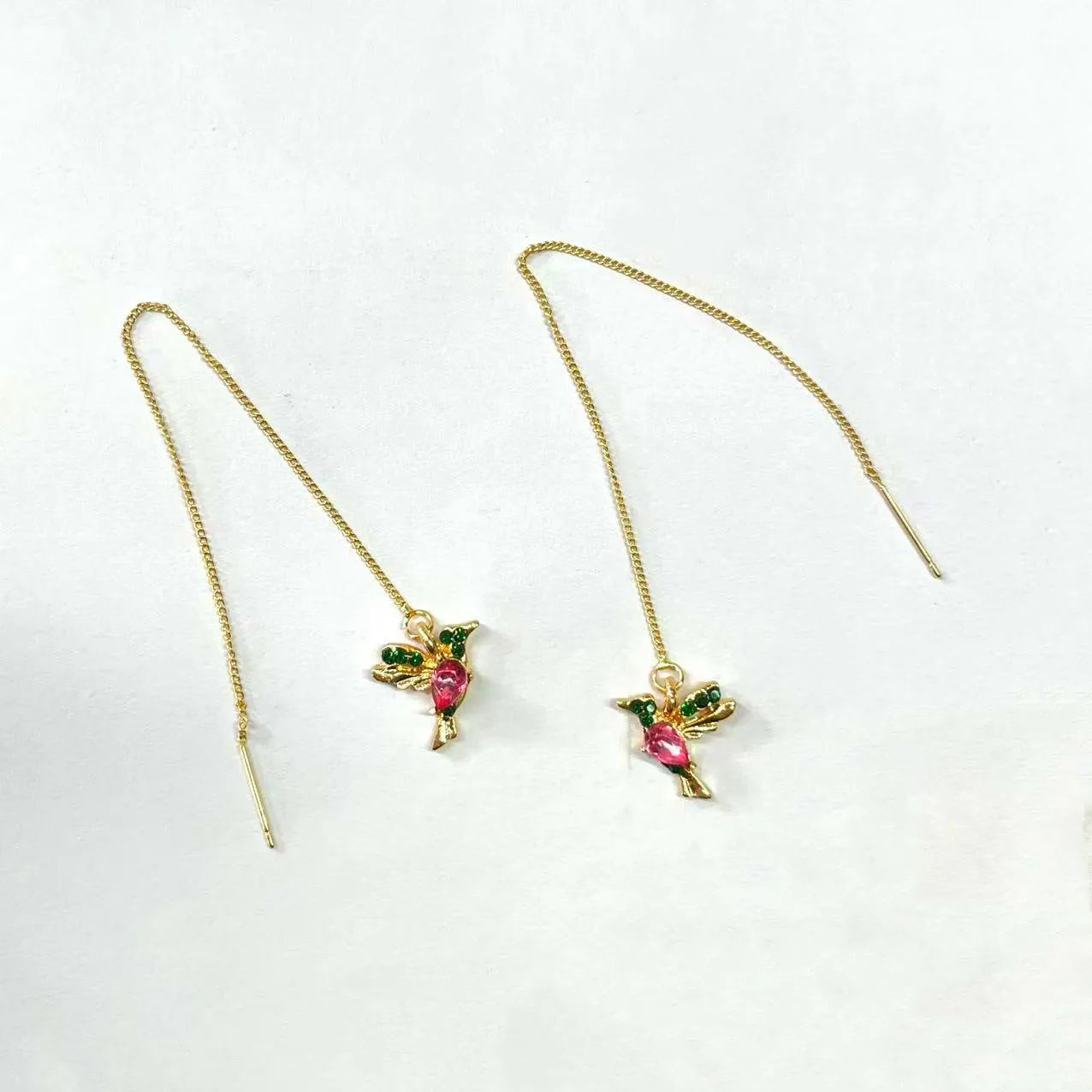 Personalised long bird hanging earrings with mixed zirconium wings in red, blue, and red lvzuan colour options