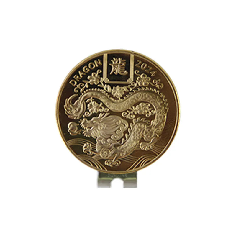 Zinc alloy golf hat clip with engraved Dragon Year design on a cap brim.