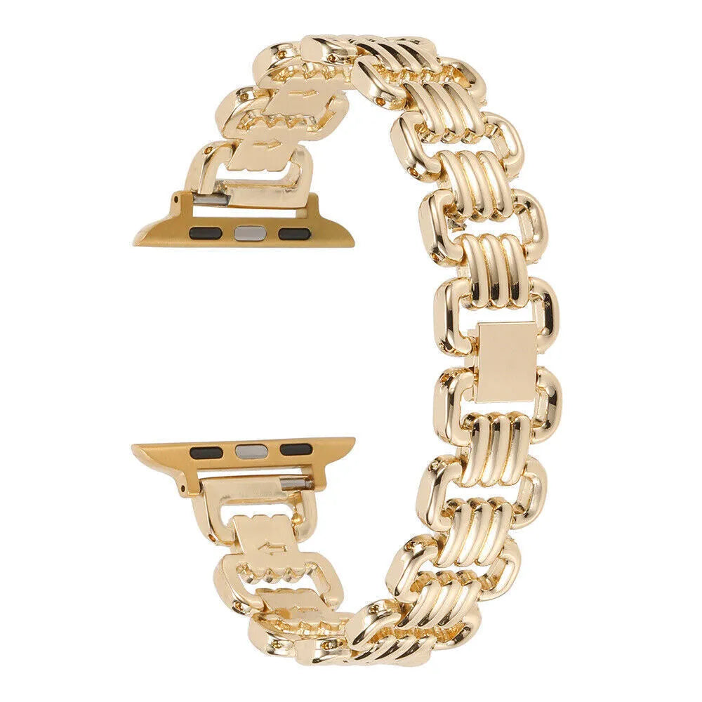 Alloy metal replacement bracelet for Apple Watch in silver, black, gold, rose gold and Starlight colours.